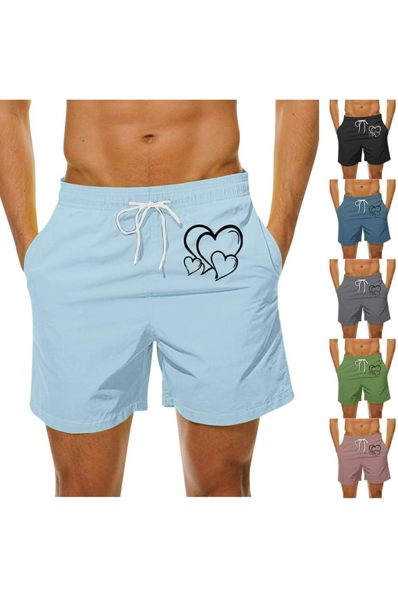 Funky Hawaiian Shorts for Men Heart Print Casual Summer Shorts Quick Dry Swim Trunks Lightweight Drawstring Beach Board Shorts with Pockets Blue XXL