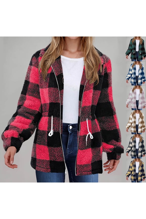 Fuzzy Fleece Jackets for Women Drawstring Waist Zip Up Plaid Jacket Fall Winter Sherpa Outerwear Coffee L