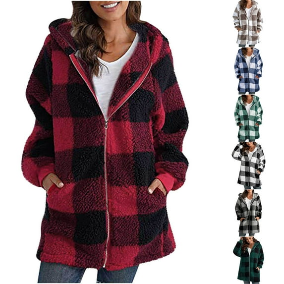 DDAPJ pyju Fuzzy Fleece Jackets for Women Zip Up Plaid Hoodies Fall Winter Warm Sherpa Coat with Pockets Gray XXL