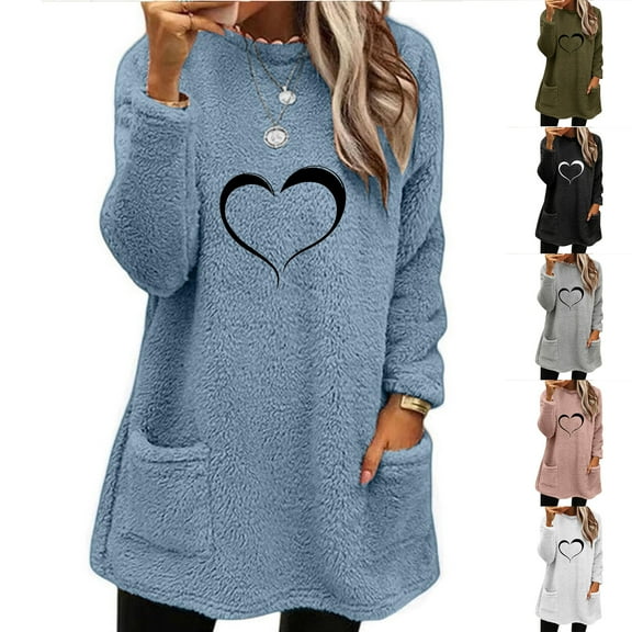 DDAPJ pyju Fuzzy Fleece Sweatshirts for Women Winter Warm Sherpa Pullover Cute Heart Print Casual Thermal Sweatshirt Loose Comfy Loungewear Tunic Tops with Pockets White S