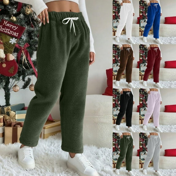 DDAPJ pyju Fuzzy Pajama Pants Women Drawstring High Waisted Wide Leg Lounge Pants Winter Warm Fluffy Pj Bottoms Army Green M