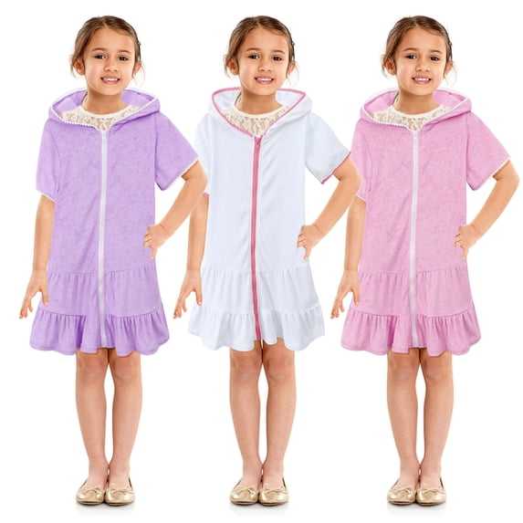 DDAPJ pyju Girls Swim Cover Up, Kids Swimsuit Coverup Dress, Terry Zip-Up Beach Bathing Suit Wraps, Short Sleeve Hoodies Swimdress White 4-5 Years