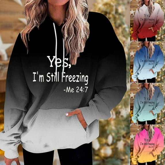 DDAPJ pyju Graphic Hoodies for Women Yes I'm Still Freezing Letter Printed Hooded Sweatshirt Oversized Drop Shoulder Hoodie Loose Casual Sweatshirts with Kangaroo Pocket Red M