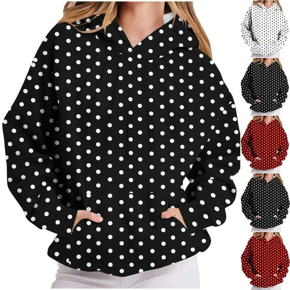 DDAPJ pyju Graphic Hoodies for Women Polka Dot Print Hooded Sweatshirt Fall Fashion Pleated Front Pullover Hoodie with Kangaroo Pocket
