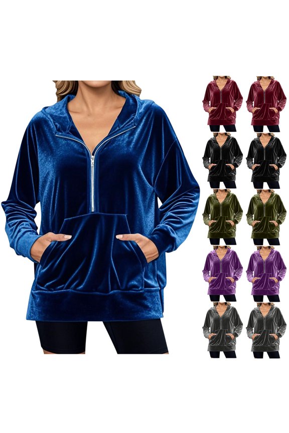 Half Zip Hoodie for Women Velvet Hooded Sweatshirt Fall Casual Pullover Hoodies with Kangaroo Pocket Wine M