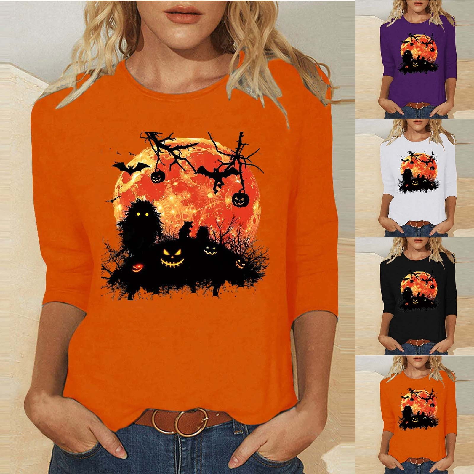 DDAPJ pyju Halloween 3/4 Sleeve Tshirt for Women Novelty 3D Graphic