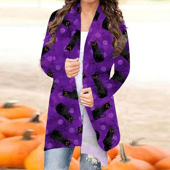 DDAPJ pyju Halloween Cardigan Sweaters for Women,Women's 2023 Halloween Cat Pumpkin Theme Cardigan Long Sleeve Open Front Knit Sweater Outwear Coat