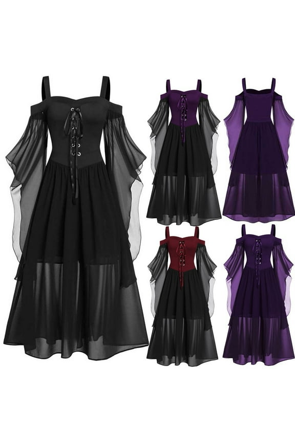 Halloween Costumes for Women 2025 Cold Shoulder Fairy Dress Chiffon Vintage Dress Flare Shoulder Renaissance Dress Red L