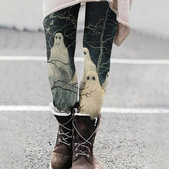 DDAPJ pyju Halloween Ghost Leggings for Women Novelty Holiday Party Tights High Waisted Stretch Yoga Running Pants Buttery Soft Ankle Length Leggings Black XL