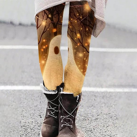 DDAPJ pyju Halloween Ghost Leggings for Women Novelty Holiday Party Tights High Waisted Stretch Yoga Running Pants Buttery Soft Ankle Length Leggings Yellow XL