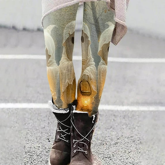 DDAPJ pyju Halloween Ghost Leggings for Women Novelty Holiday Party Tights High Waisted Stretch Yoga Running Pants Buttery Soft Ankle Length Leggings Beige XXL