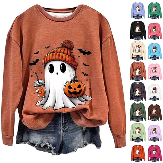DDAPJ pyju Halloween Ghost Sweatshirt Women Spooky Season Graphic Shirt Oversized Long Sleeve Fall Pullover Tops Watermelon Red XXL