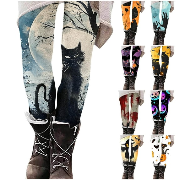 DDAPJ pyju Halloween Legging Pants for Women Black Cat Printed Casual Holiday Tights Elastic Waist Workout Jogger Yoga Pant Blue XXL