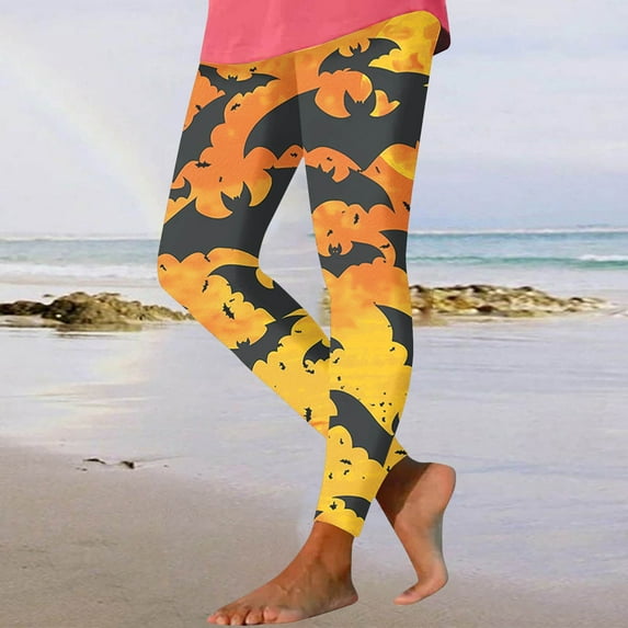 DDAPJ pyju Halloween Leggings for Women Bat Print High Waisted Stretch Yoga Running Pants Novelty Holiday Party Tights Buttery Soft Casual Milk Silk Legging Multicolor#3 M