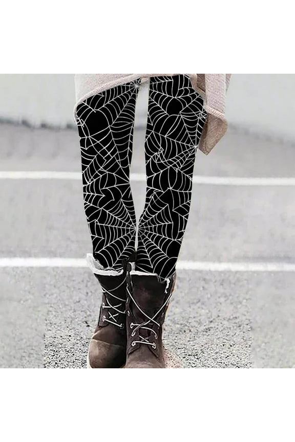 Halloween Leggings for Women Novelty Holiday Party Tights Spider Web Printed High Waist Stretch Yoga Running Pants Buttery Soft Ankle Length Leggings Black XXL