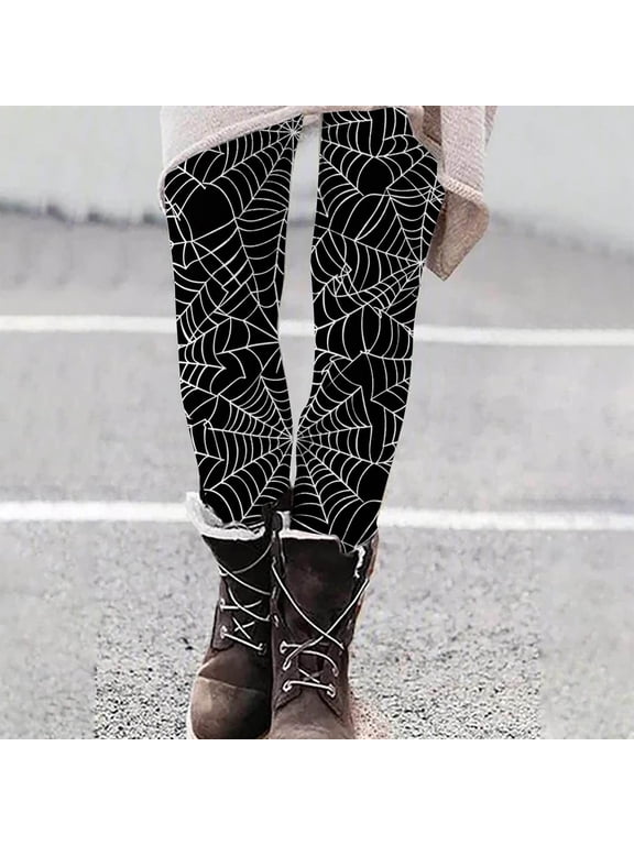 Halloween Leggings for Women Novelty Holiday Party Tights Spider Web Printed High Waist Stretch Yoga Running Pants Buttery Soft Ankle Length Leggings Black L