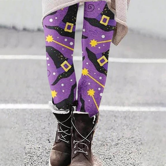 DDAPJ pyju Halloween Party Leggings for Women Witch Hat Printed High Waist Stretch Yoga Running Pants Novelty Holiday Tights Buttery Soft Casual Milk Silk Legging Clearance Sale Today Purple XXL