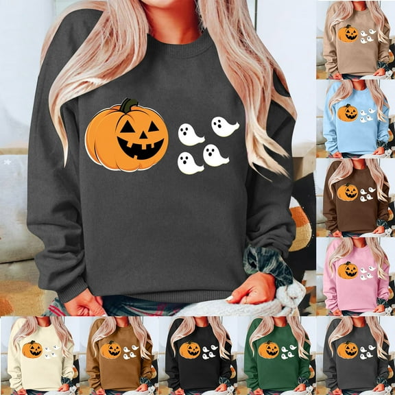 DDAPJ pyju Halloween Sweatshirt Women Spooky Season Shirt Ghost Pumpink Graphic Fall Pullover Tops Coffee S
