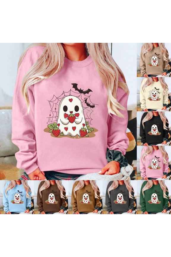 Halloween Sweatshirt for Women Cute Ghost Graphic Pullover Sweatshirts Casual Loose Fit Crewneck Sweatshirt Army Green L