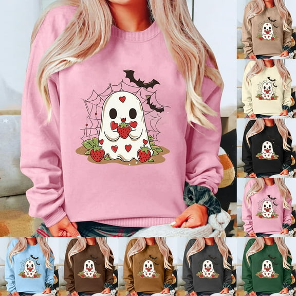 DDAPJ pyju Halloween Sweatshirt for Women Cute Ghost Graphic Pullover Sweatshirts Casual Loose Fit Crewneck Sweatshirt Gray L