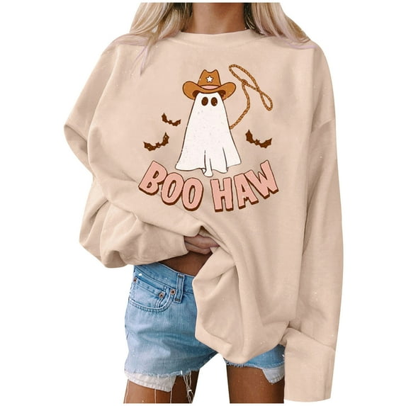 DDAPJ pyju Halloween Sweatshirts for Women 2024,Oversized Long Sleeve Raglan Sweatshirt Western Ghost Graphic Cute Pullover Lightweight Party Shirts Fall Fashion Tops