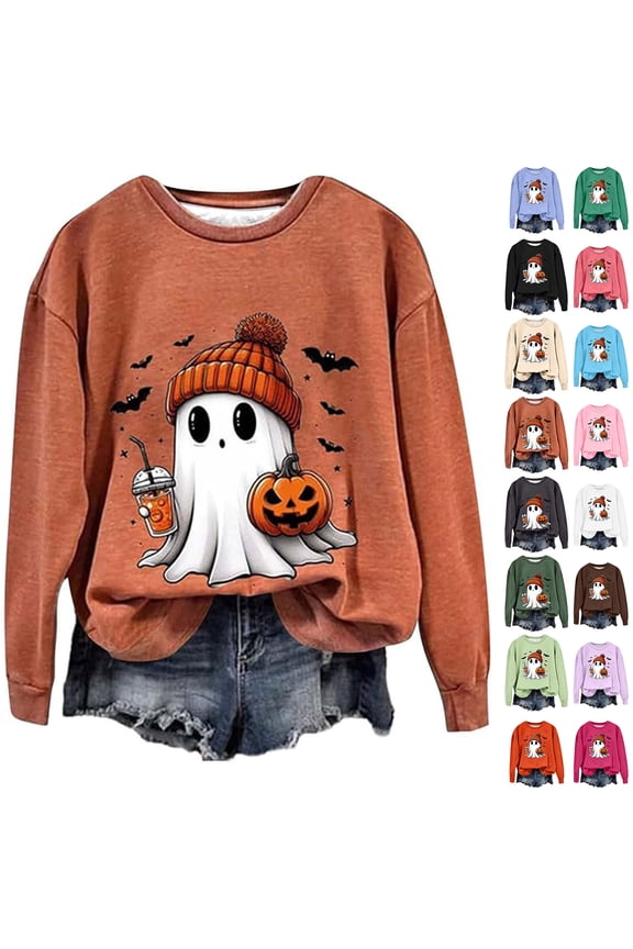 Halloween Sweatshirts for Women Cute Ghost Pumpkin Printed Graphic 2025 Spooky Season Crewneck Pullover Shirts Orange M