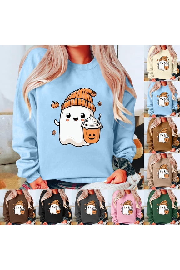 Halloween Sweatshirts for Women Ghost Pumpkin Sweater Cute Spooky Coffee Graphic Pullover Shirts Beige XL