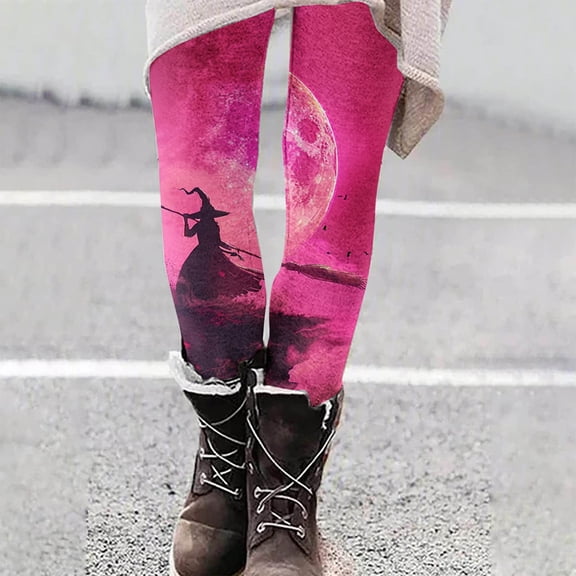DDAPJ pyju Halloween Witch Print Leggings for Women Novelty Holiday Party Tights High Waisted Stretch Yoga Running Pants Buttery Soft Casual Milk Silk Legging Pink XL