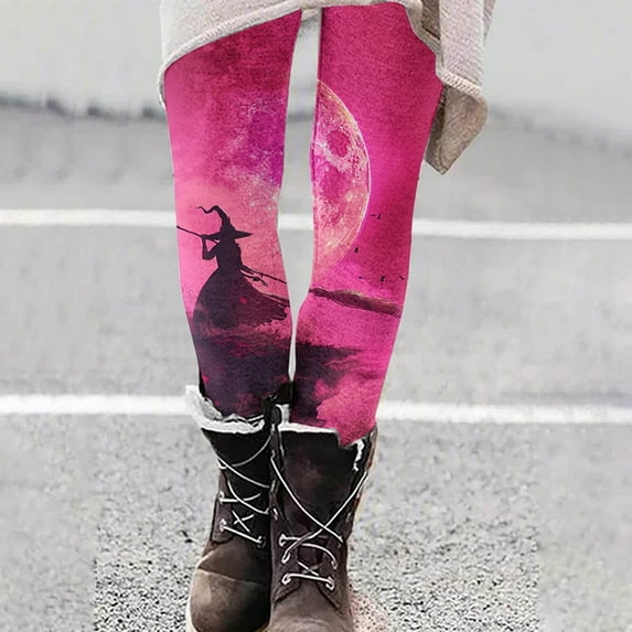 DDAPJ pyju Halloween Witch Print Leggings for Women Novelty Holiday Party Tights High Waisted Stretch Yoga Running Pants Buttery Soft Casual Milk Silk Legging Pink M