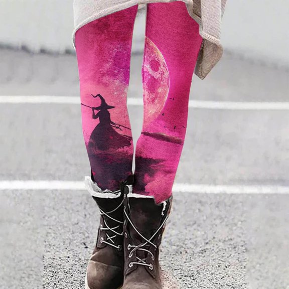 DDAPJ pyju Halloween Witch Print Leggings for Women Novelty Holiday Party Tights High Waisted Stretch Yoga Running Pants Buttery Soft Casual Milk Silk Legging Pink M