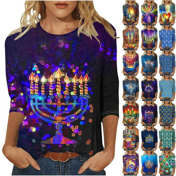DDAPJ pyju Hanukkah 3/4 Sleeve Shirt for Women Happy Hanukkah T-Shirt Chanukah Jewish Tee Tops Lightweight Pullover Tees on Sale Multicolor XXL