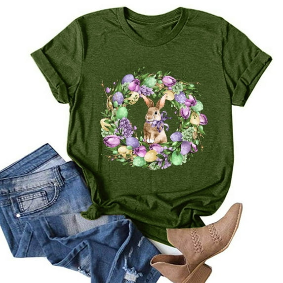 DDAPJ pyju Happy Easter Shirts for Women Cute Bunny Eggs Graphic Tees Summer Casual Holiday Short Sleeve Crewneck Tee Tops Army Green M