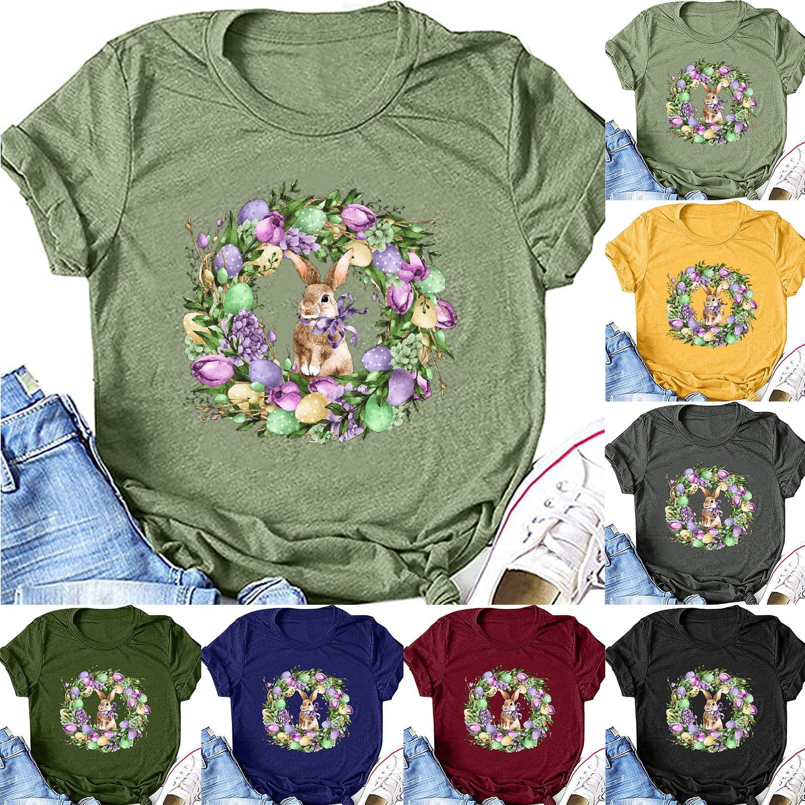 DDAPJ pyju Happy Easter Shirts for Women Cute Bunny Eggs Graphic Tees ...