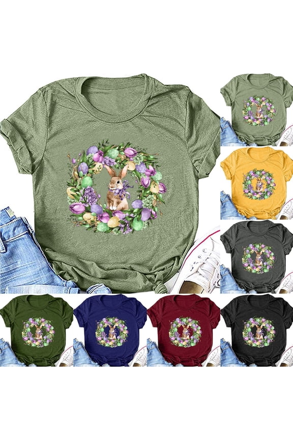 Happy Easter Shirts for Women Cute Bunny Eggs Graphic Tees Summer Casual Holiday Short Sleeve Crewneck Tee Tops Army Green XXXL