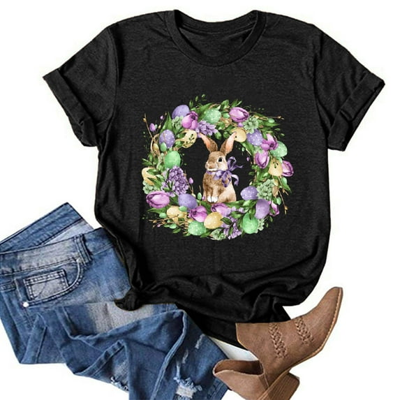 DDAPJ pyju Happy Easter Shirts for Women Cute Bunny Eggs Graphic Tees Summer Casual Holiday Short Sleeve Crewneck Tee Tops Black S