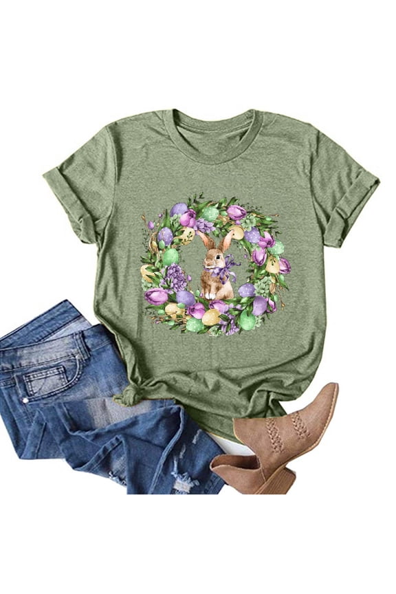 Happy Easter Shirts for Women Cute Bunny Eggs Graphic Tees Summer Casual Holiday Short Sleeve Crewneck Tee Tops Green L