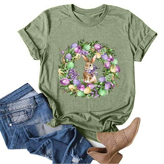 DDAPJ pyju Happy Easter Shirts for Women Cute Bunny Eggs Graphic Tees Summer Casual Holiday Short Sleeve Crewneck Tee Tops Birthday Gifts Green XL