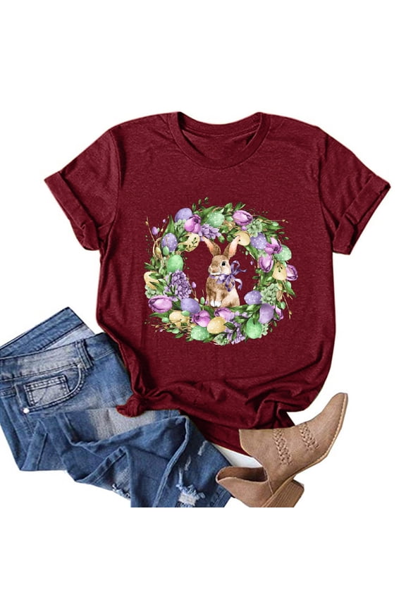Happy Easter Shirts for Women Cute Bunny Eggs Graphic Tees Summer Casual Holiday Short Sleeve Crewneck Tee Tops Wine M