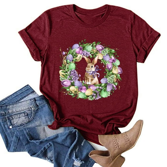 DDAPJ pyju Happy Easter Shirts for Women Cute Bunny Eggs Graphic Tees Summer Casual Holiday Short Sleeve Crewneck Tee Tops Wine S