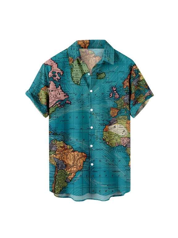 Hawaiian Shirts for Men Novelty World Map Print Aloha Tshirt Summer Casual Loose Fit Short Sleeve Shirts Beach Wear