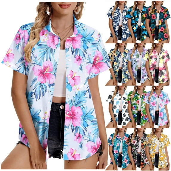 DDAPJ pyju Hawaiian Shirts for Women Summer Beach Tropical Print Shirts Loose Casual Button Down Short Sleeve Blouse Tops Green XXXL