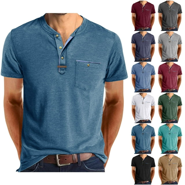 DDAPJ pyju Henley Shirt for Men Short Sleeve 3 Button T-shirts Collarless Golf Shirt Business Casual Summer Tops Basic Solid Pocket Tee Lightning Deals of The Day Wine L