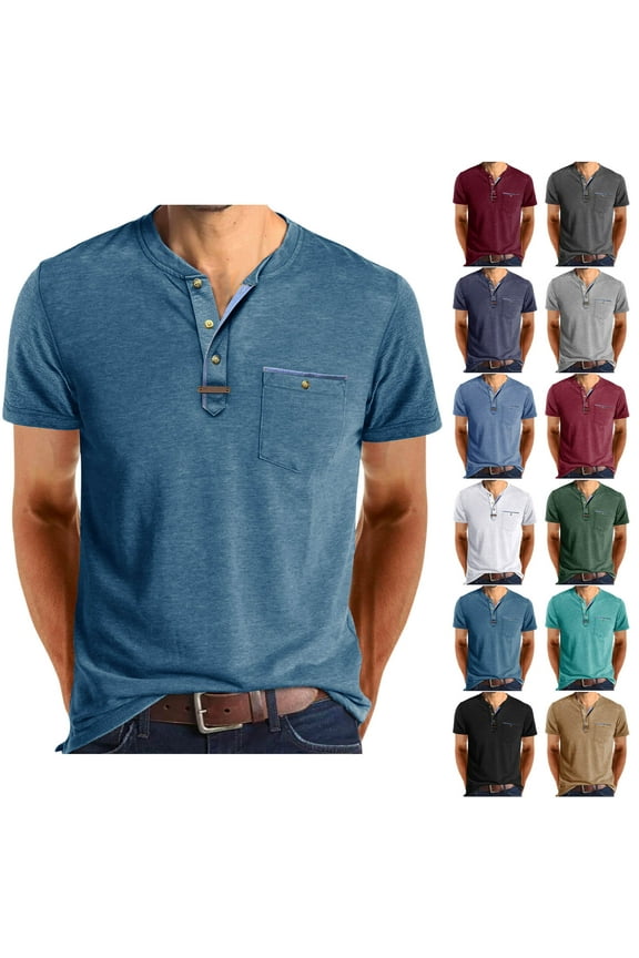 Henley Shirt for Men Short Sleeve 3 Button T-shirts Collarless Golf Shirt Business Casual Summer Tops Basic Solid Pocket Tee Lake Blue XL