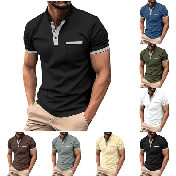 DDAPJ pyju Henley Shirts for Men Short Sleeve 3 Button T Shirt Slim Fit Casual Business Work Shirts Contrast Collar Pocket Tees Sales of The Day Blue XXL