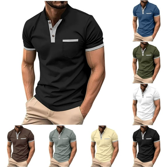 DDAPJ pyju Henley Shirts for Men Short Sleeve 3 Button T Shirt Slim Fit Casual Business Work Shirts Contrast Collar Pocket Tees Prime Sales Blue XXXL