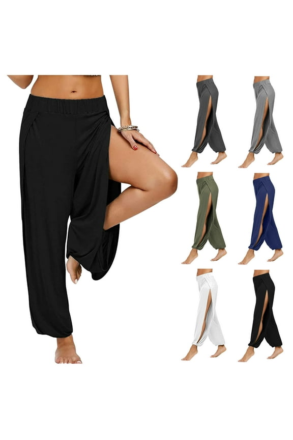 High Slit Pants for Women Solid Harem Pants Flowy Yoga Pants Baggy Comfy Pilates Beach Cover-Up Pants Limited Time Sales Black M