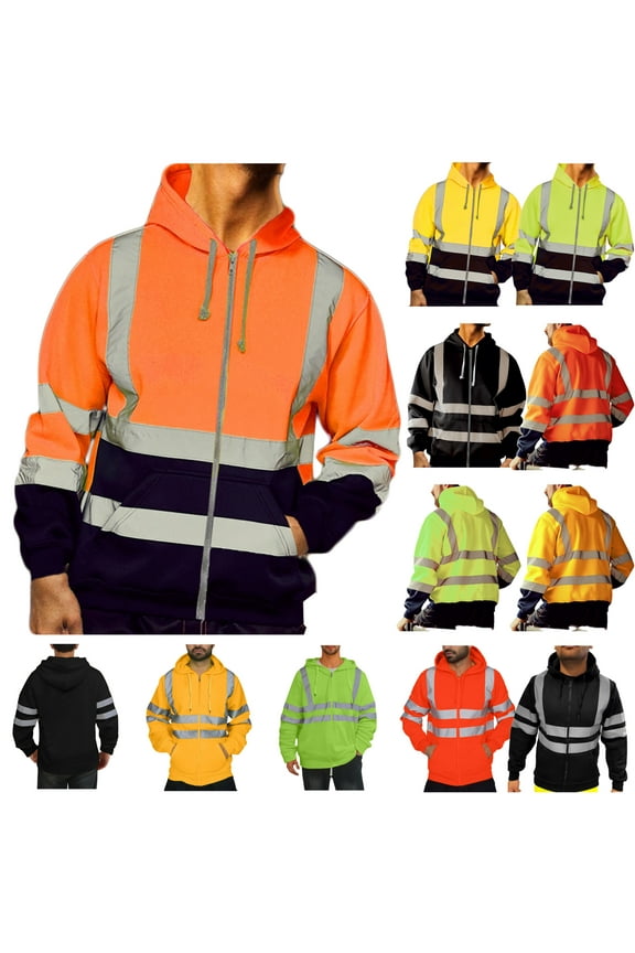 High Visibility Safety Sweatshirt Jackets for Men Reflection Safety Hoodies Hi Vis Jackets Full Zip Hooded Pullover Yellow XXXXXL