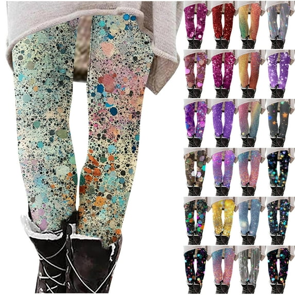 DDAPJ pyju Holiday Leggings for Women 2025 Trendy Sequin Printed Casual Yoga Pants Disco Party Tights Prime Sales of The Day Multicolor XXL