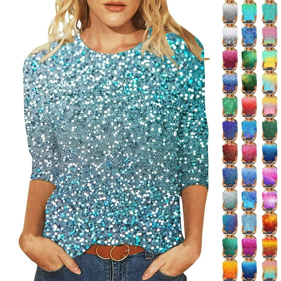 DDAPJ pyju Holiday Tops for Women Trendy Causal 3/4 Sleeve Crewneck Sparkle Sequin Printed T Shirts Dressy Glitter Blouses Loose Pullover Multicolor L