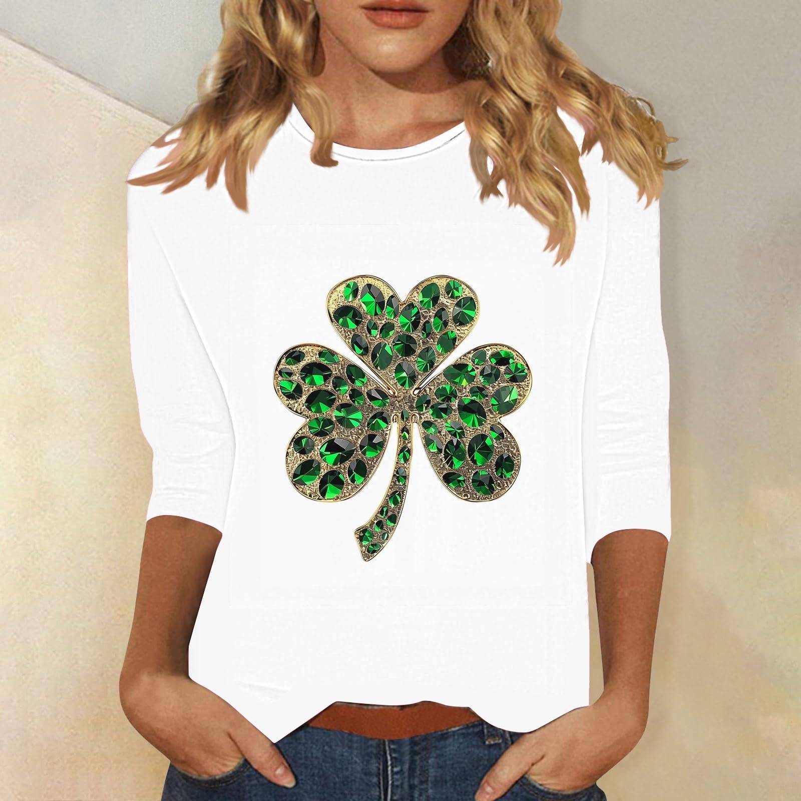 DDAPJ pyju Holiday Tops for Women Gold Shamrock Graphic Printed 3/4 ...